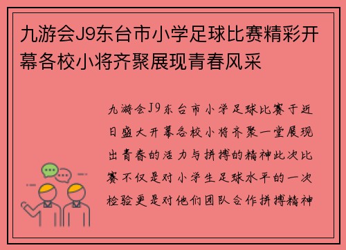 九游会J9东台市小学足球比赛精彩开幕各校小将齐聚展现青春风采